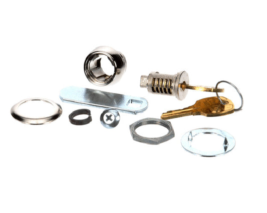 Small lock assembly with cylindrical body and pair of keys on a white background