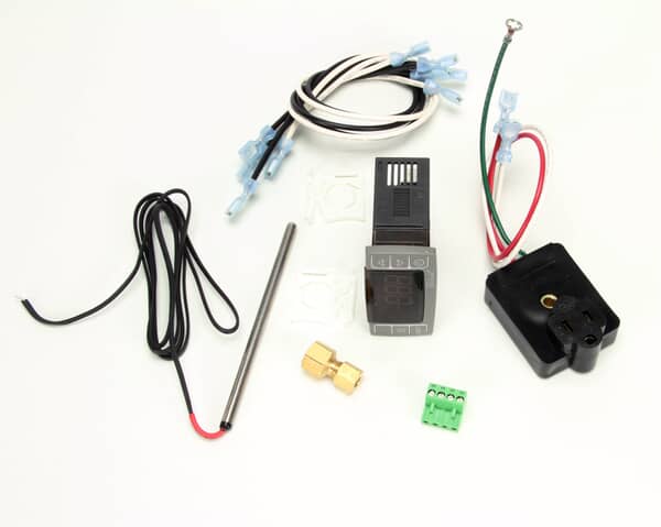 Digital thermostat upgrade kit with control module, sensor, and wiring harness arranged on a white background