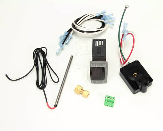 Digital thermostat upgrade kit with control module, sensor, and wiring harness arranged on a white background