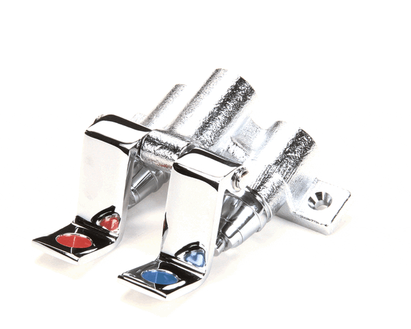 Dual foot pedal water valve assembly with two pedals and valve body on a white background