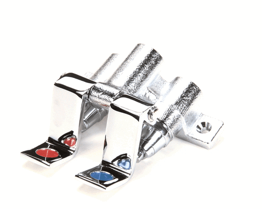 Dual foot pedal water valve assembly with two pedals and valve body on a white background