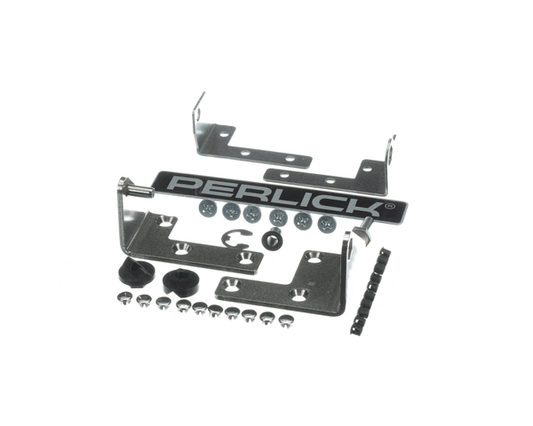 Left-hand door hinge assembly with bracket and screws displayed on a white background