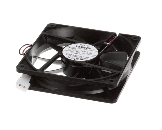 12V axial fan motor with square frame and fan blade assembly on a white background