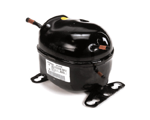 Embraco EM20HSC compressor with identifying label and copper stubs on a white background
