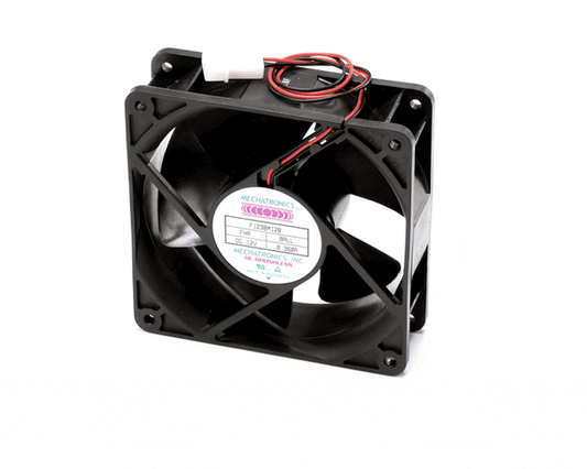 Compact 12V axial fan with square frame and wire leads on a white background