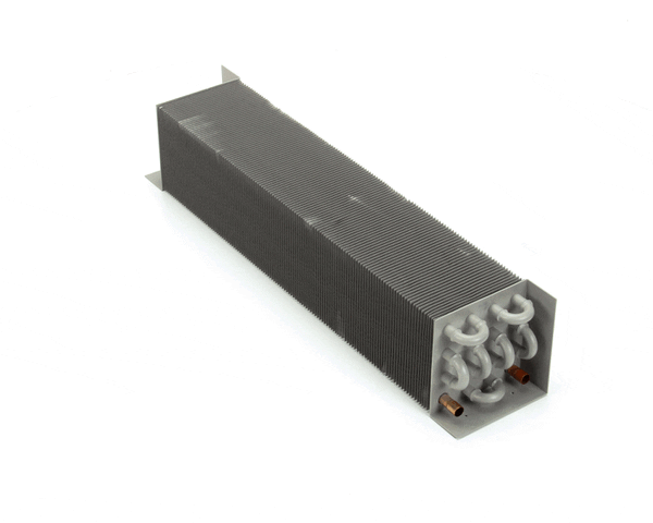 Epoxy-coated evaporator coil with dark fins and copper tubes on a white background