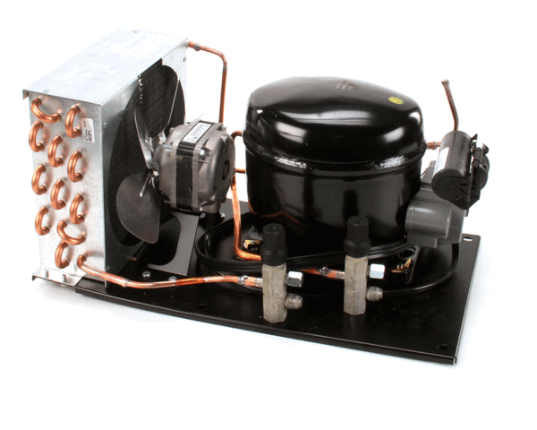 1/3 horsepower condensing unit with compressor, condenser coil, and fan mounted on a base on a white background