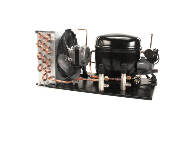 1/4 horsepower condensing unit assembly with compressor and condenser fan on a white background