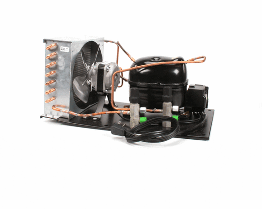 Compact 1/5 horsepower condensing unit with compressor and air-cooled condenser on a white background