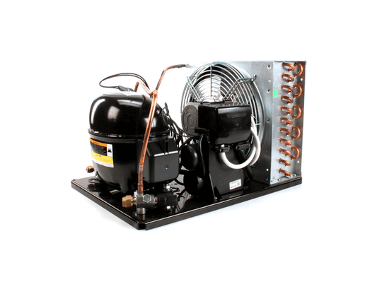 1/2 horsepower R134A condensing unit with fan-cooled condenser and compressor on a white background