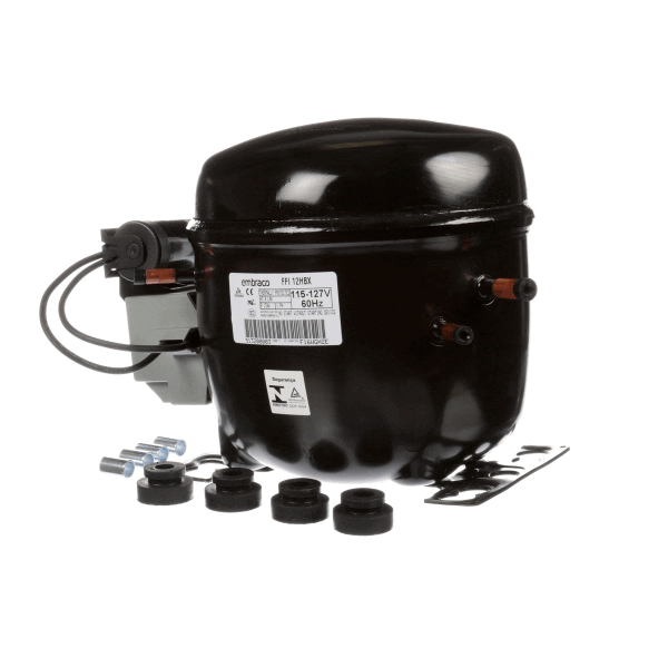 Hermetic refrigeration compressor with welded shell and tubing stubs on a white background