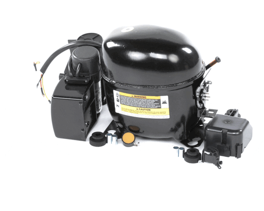 NEK6214Z hermetic compressor with rounded shell and stub connections on a white background