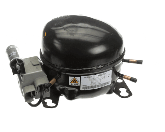 Compact R290 compressor with black shell and service ports shown on a white background
