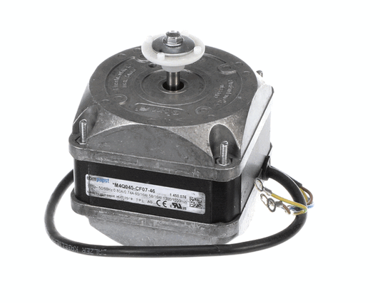 Condenser fan motor with wiring and mounting ears laid on a white background