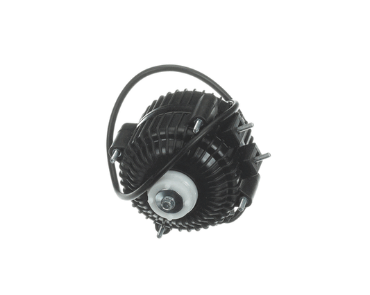 Small condenser fan motor with extended shaft and mounting studs on a white background