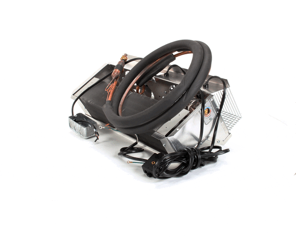 Epoxy-coated evaporator assembly with coil and housing on a white background