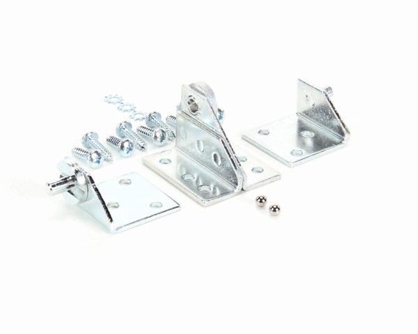 Left-hand hinge kit with hinge plates and pins arranged on a white background