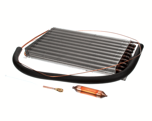 Refrigerator evaporator subassembly with coil and mounting frame on a white background