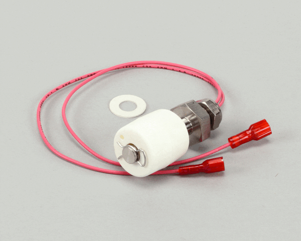 Liquid level float switch with plastic float and vertical stem on a white background
