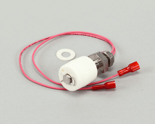 Liquid level float switch with plastic float and vertical stem on a white background