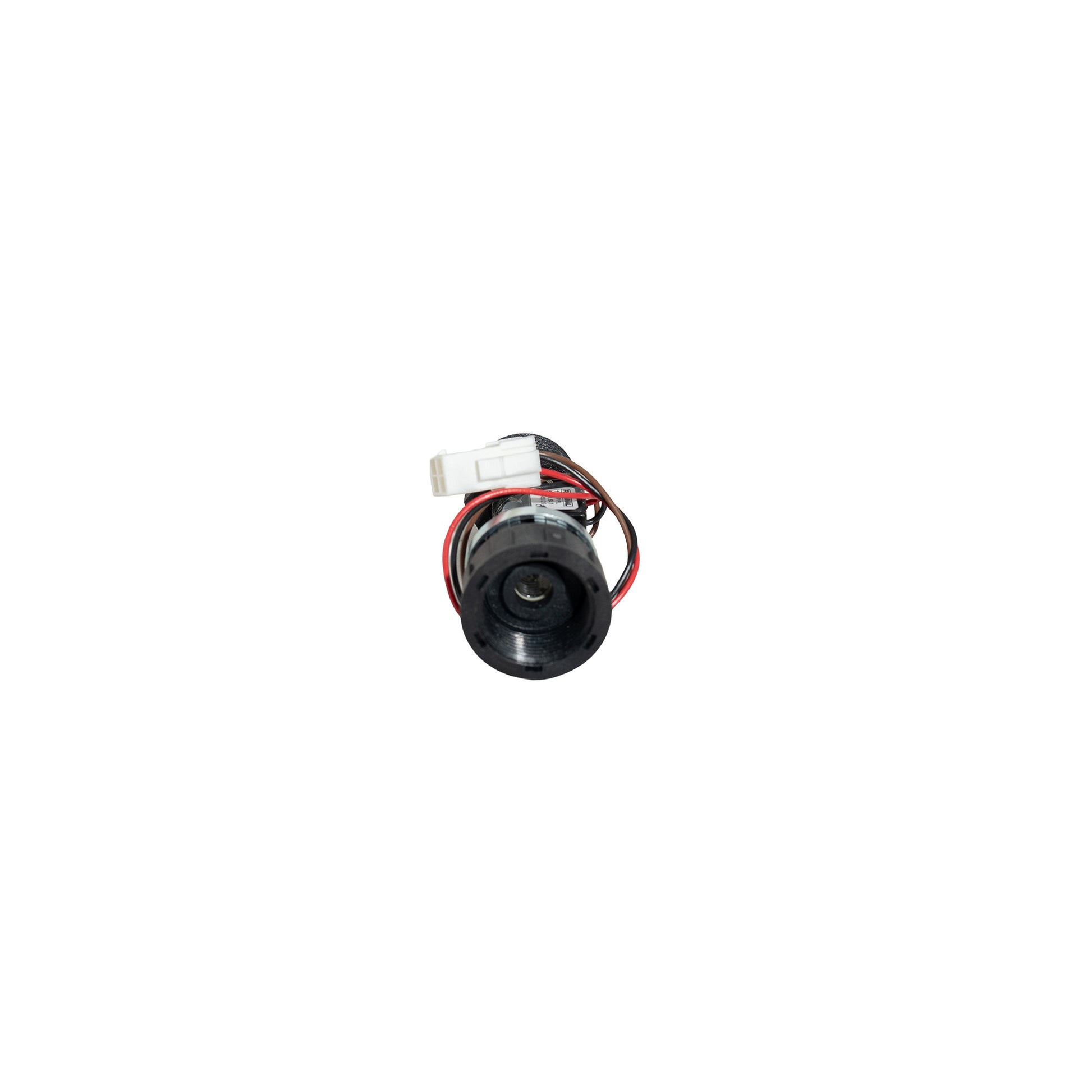 Small black and red mechanical component on a white background