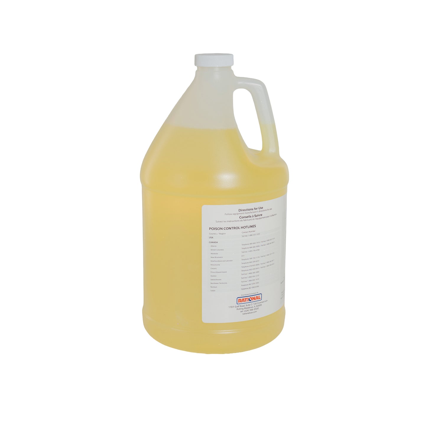 Gallon container of yellow liquid with a white label on a white background