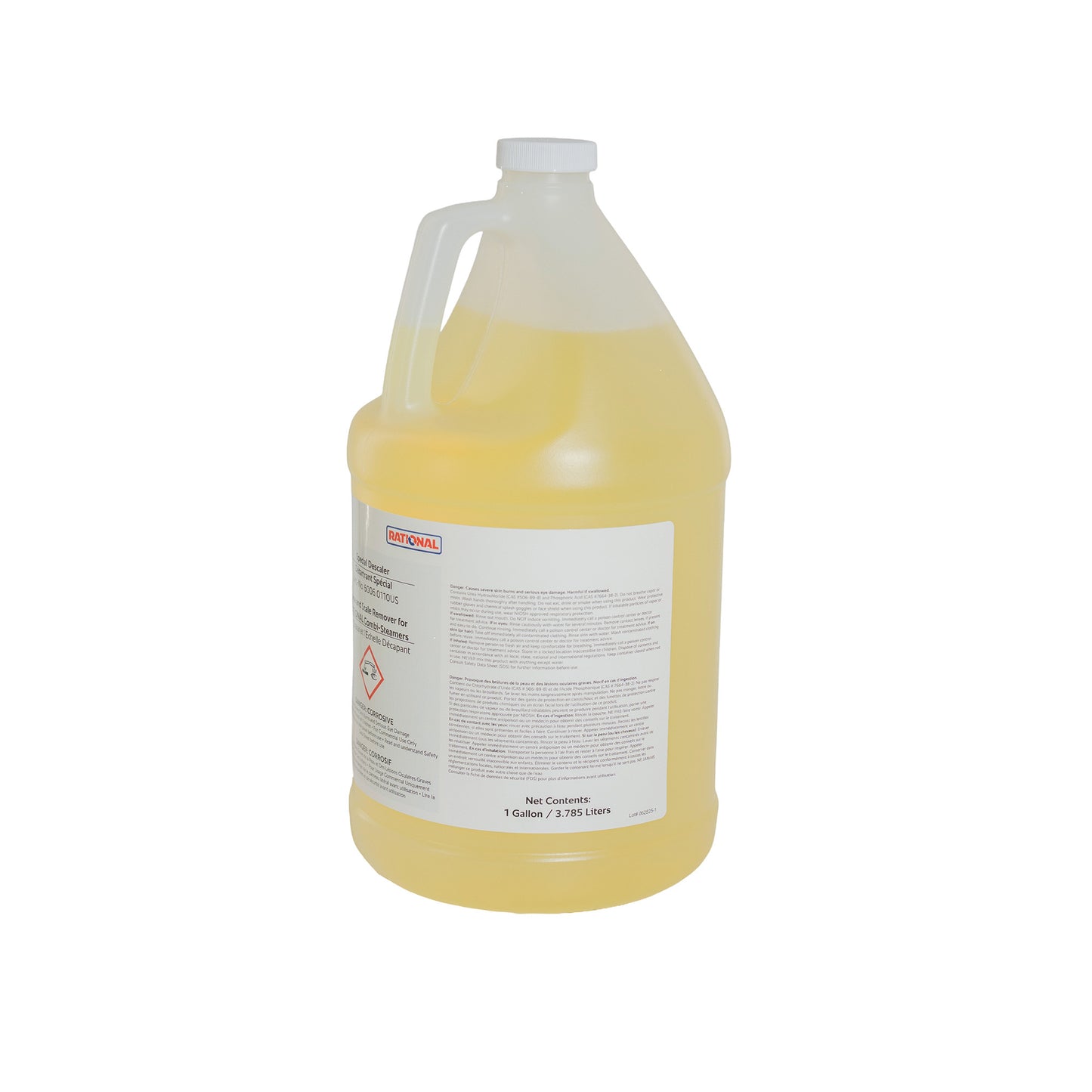 Gallon container of yellow liquid with a label on a white background