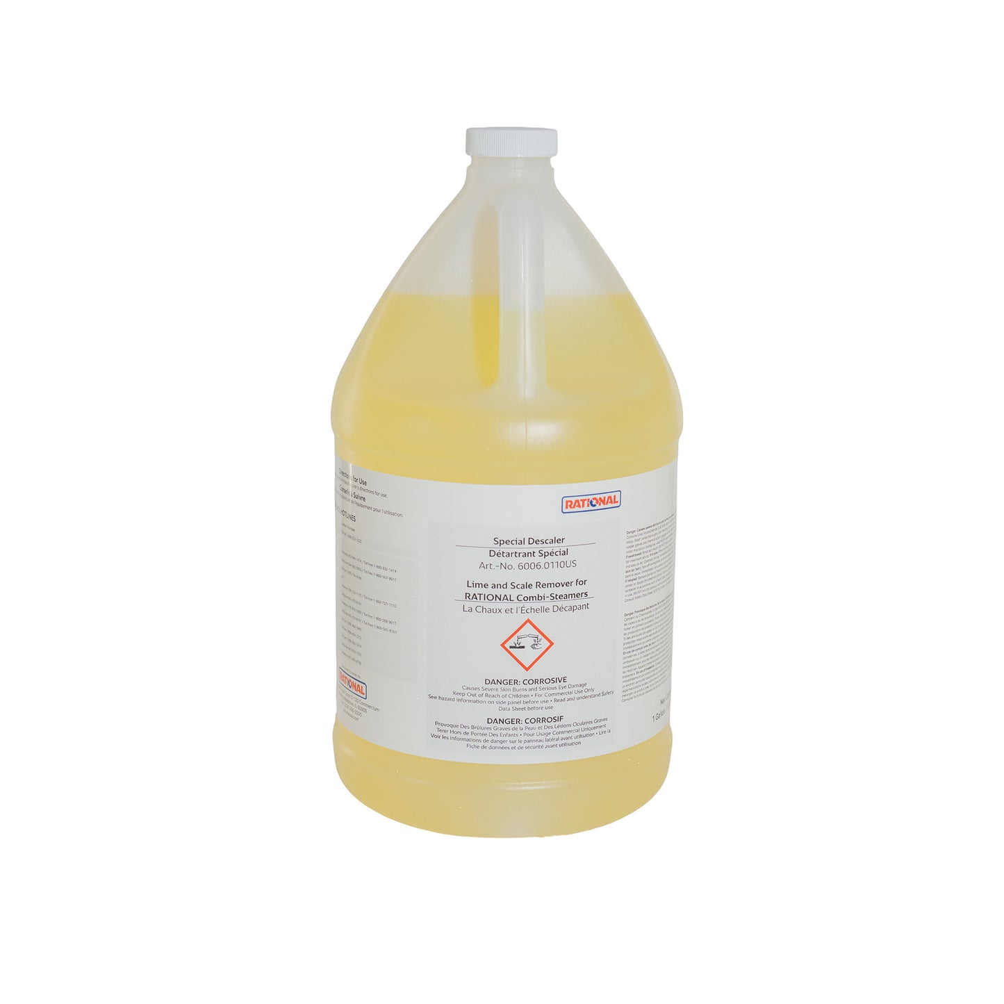 Gallon container of yellow liquid with a label on a white background