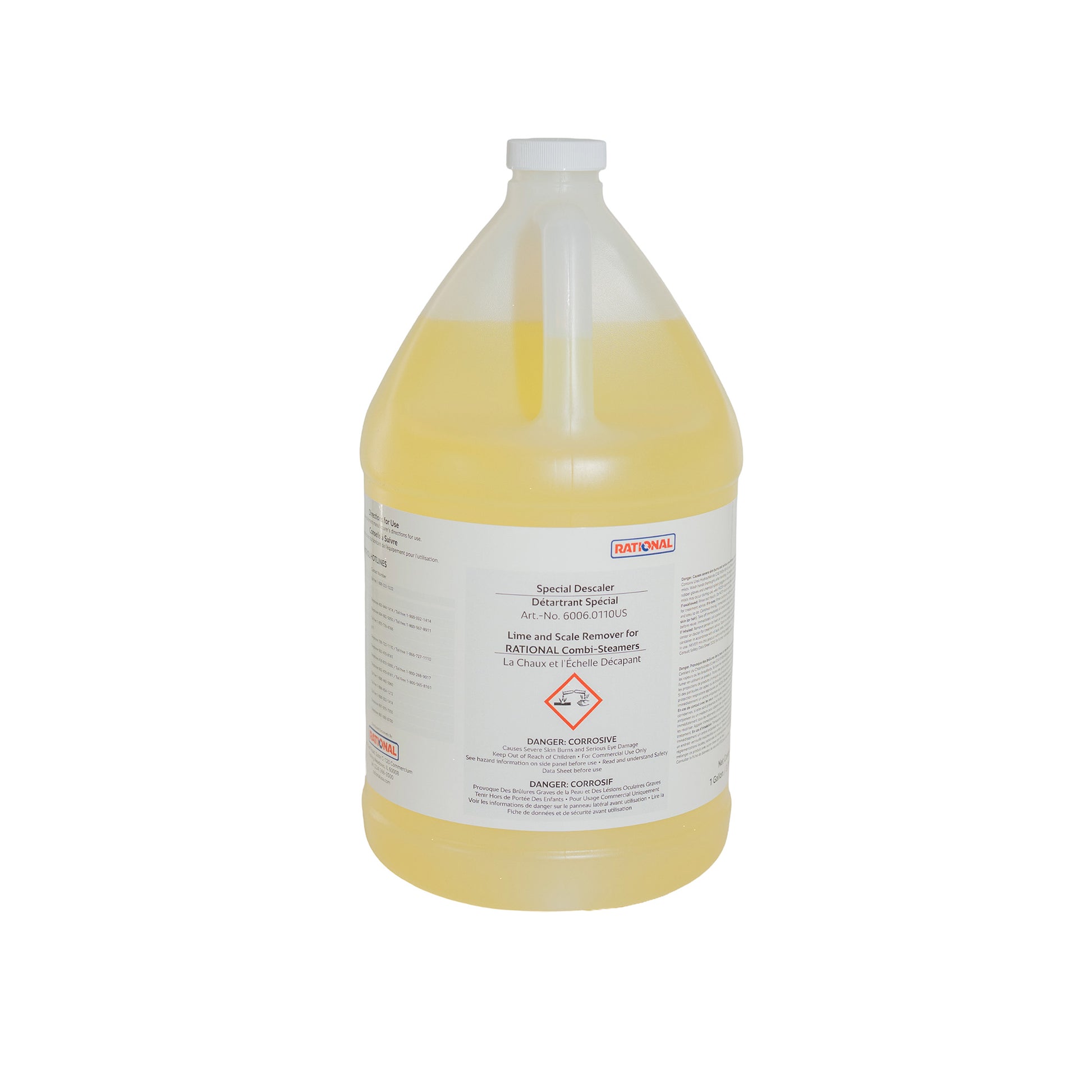 Gallon container of yellow liquid with a label on a white background