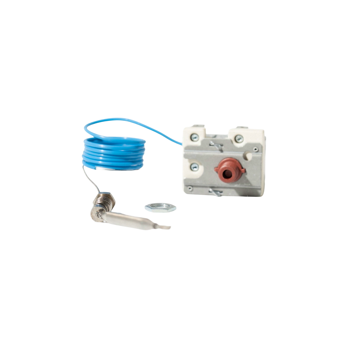 Thermostat with blue wire on a white background