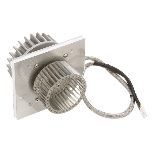 Ventilation fan with metal grille and wiring on a white background