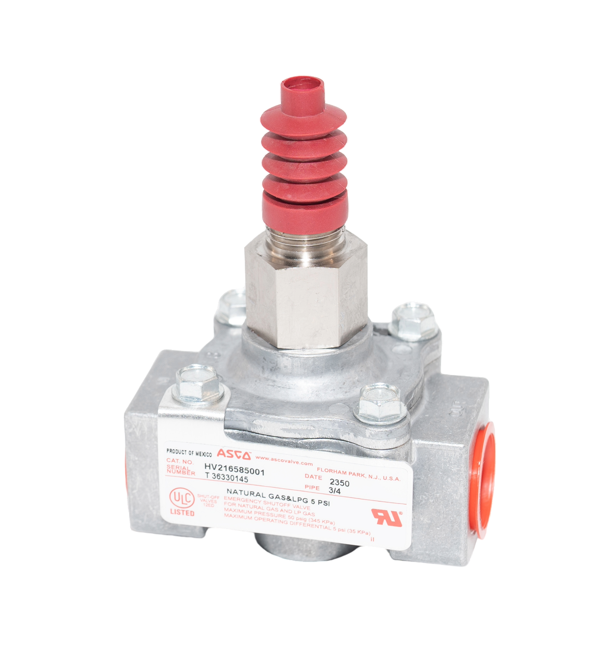 ASCO HV216585001 gas shut-off valve with 3/4 inch NPT and manual cable release for small kitchen and commercial gas systems.