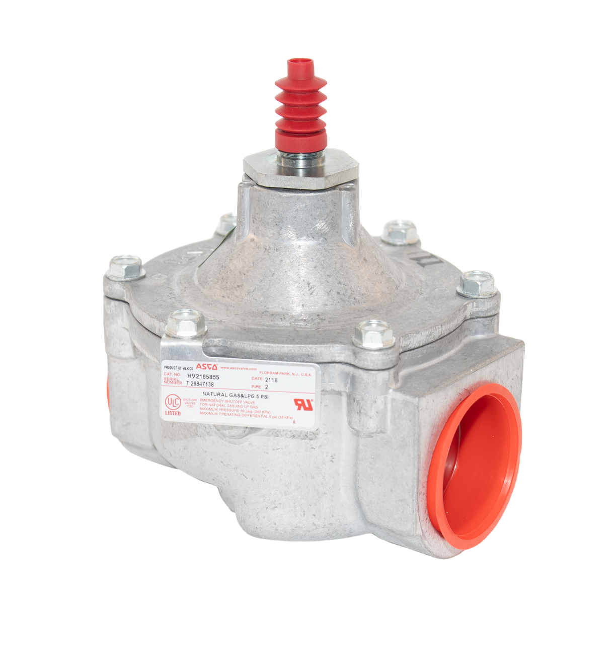 ASCO HV216585005 gas shut-off valve with 2 inch NPT and manual cable release for large-scale gas safety systems.