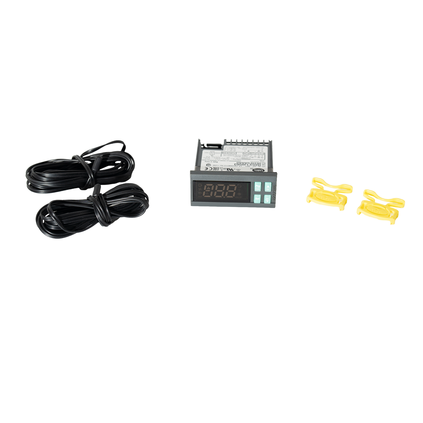 Digital temperature controller with cables and yellow connectors on a white background