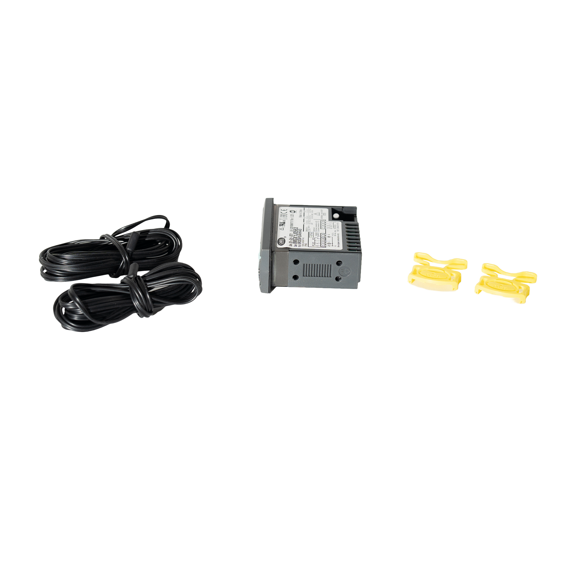 Electrical components including a power strip, cables, and connectors on a white background