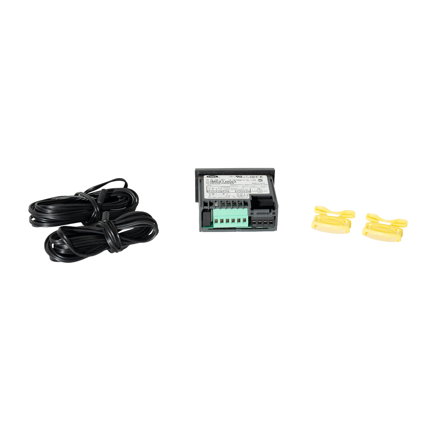 Electrical components including black cable, black control box with green label, and yellow connectors on a white background.