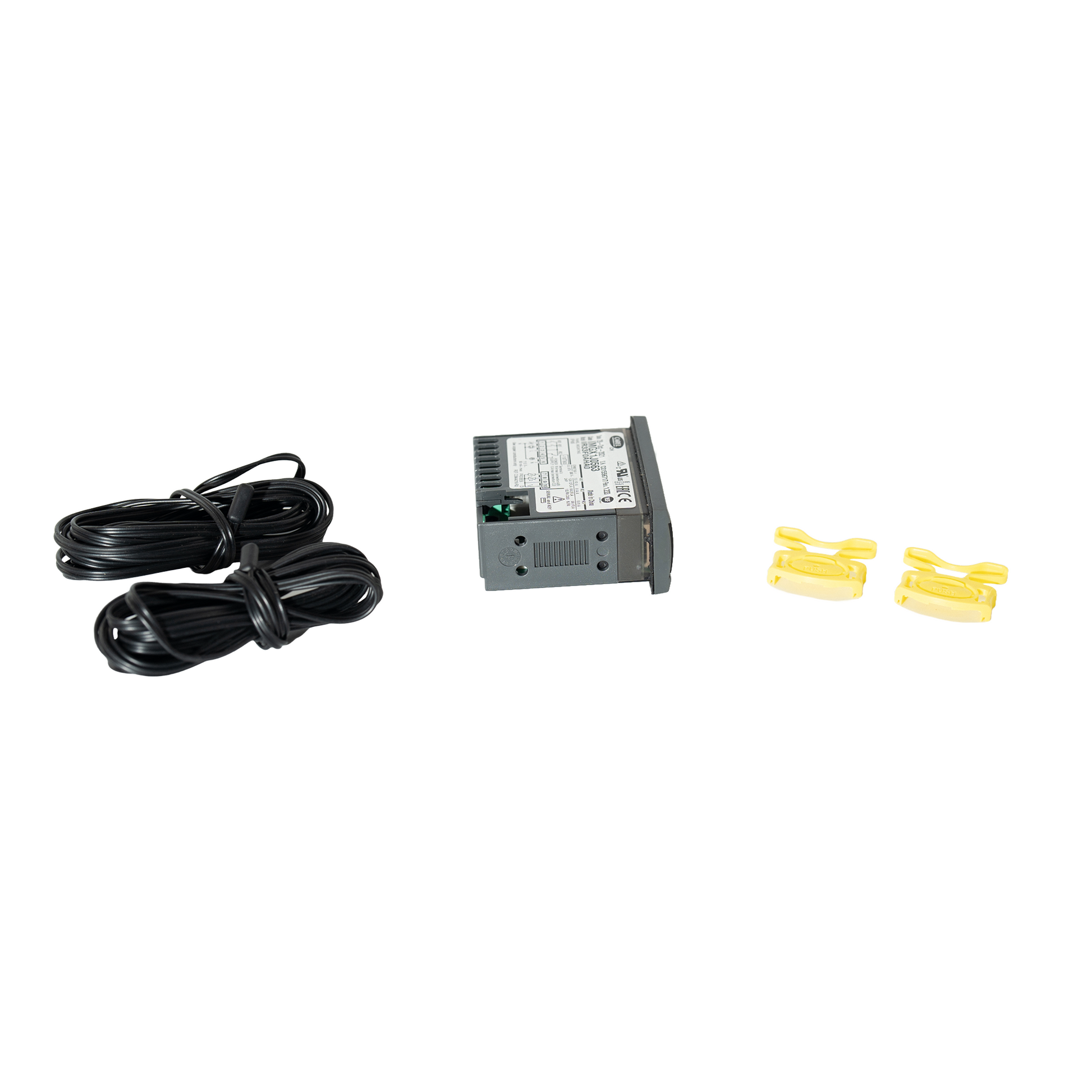 Electrical components including a power supply, cables, and connectors on a white background