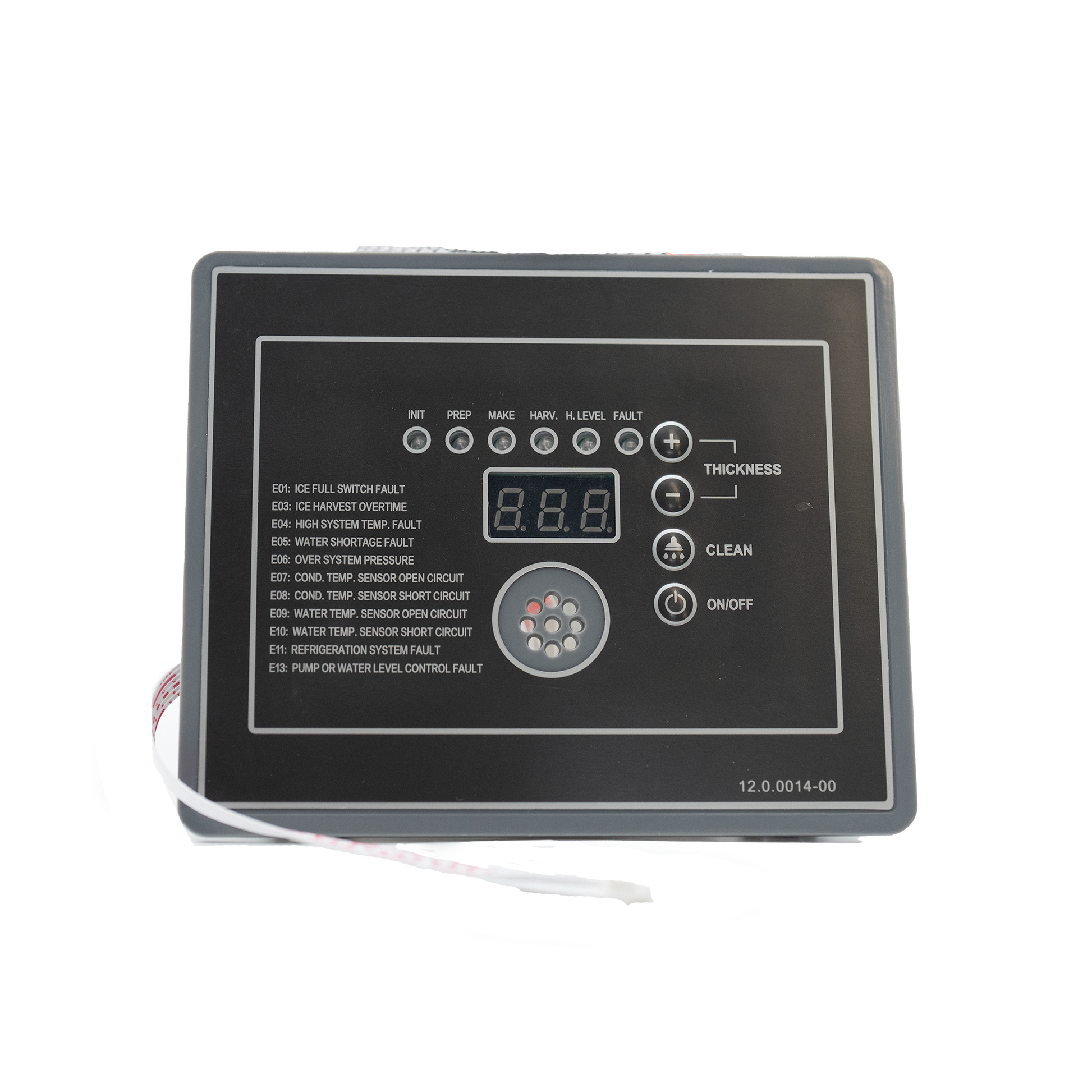 Control panel with digital display and buttons on a white background