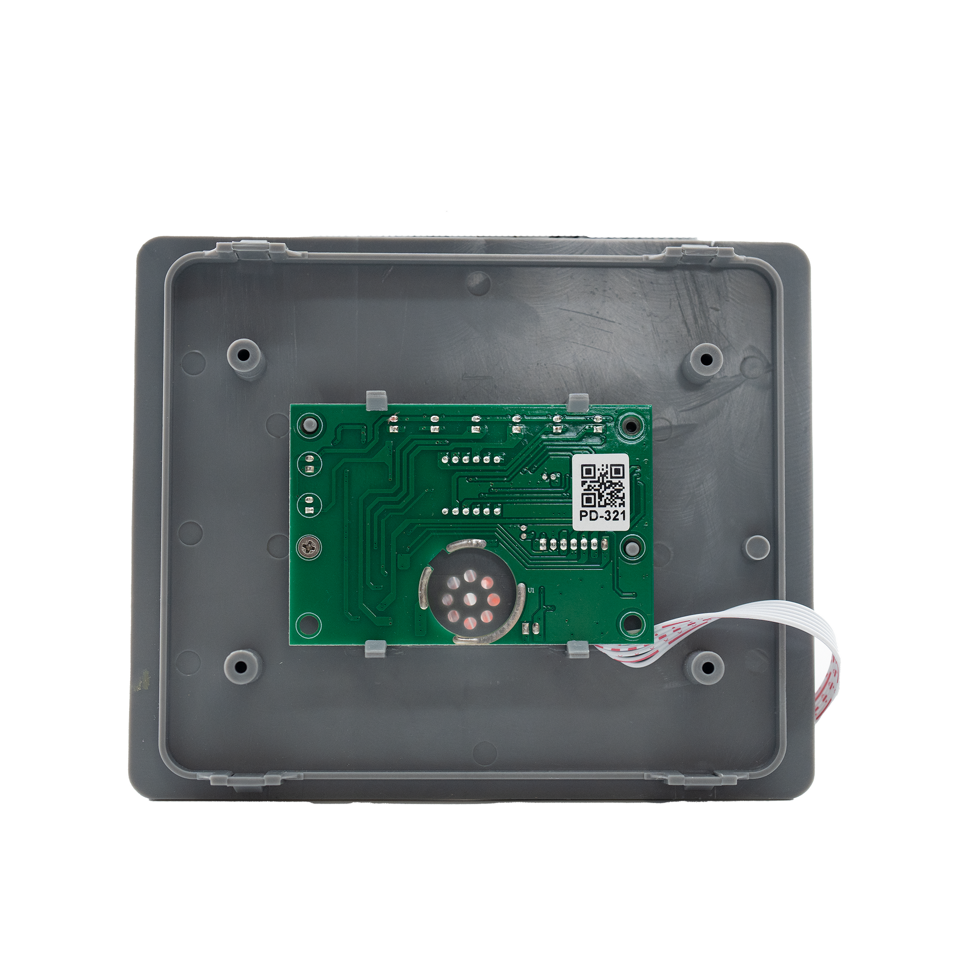 Electronic module with green circuit board and QR code on a gray background