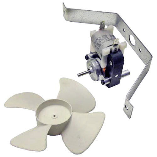 OEM-compatible Beverage Air 63C31-001A fan motor with bracket and 6-inch fan.