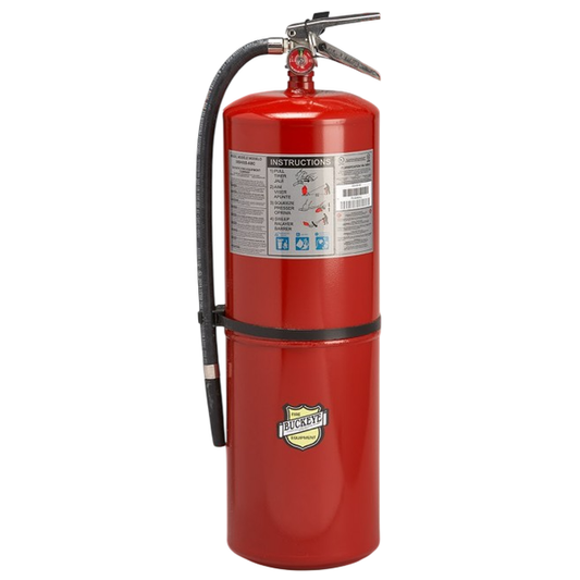 Red fire extinguisher with a visible brand logo on a white background