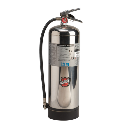 Silver fire extinguisher on white background.