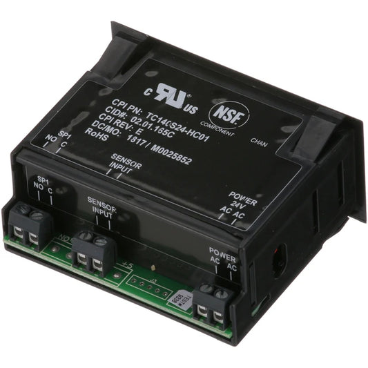 black temp controller on white background.