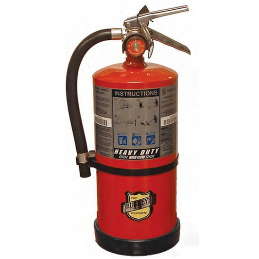 Red fire extinguisher with a visible brand logo on a white background