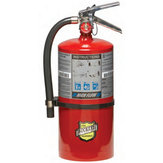 Red fire extinguisher with visible 'Buckeye' branding on a white background