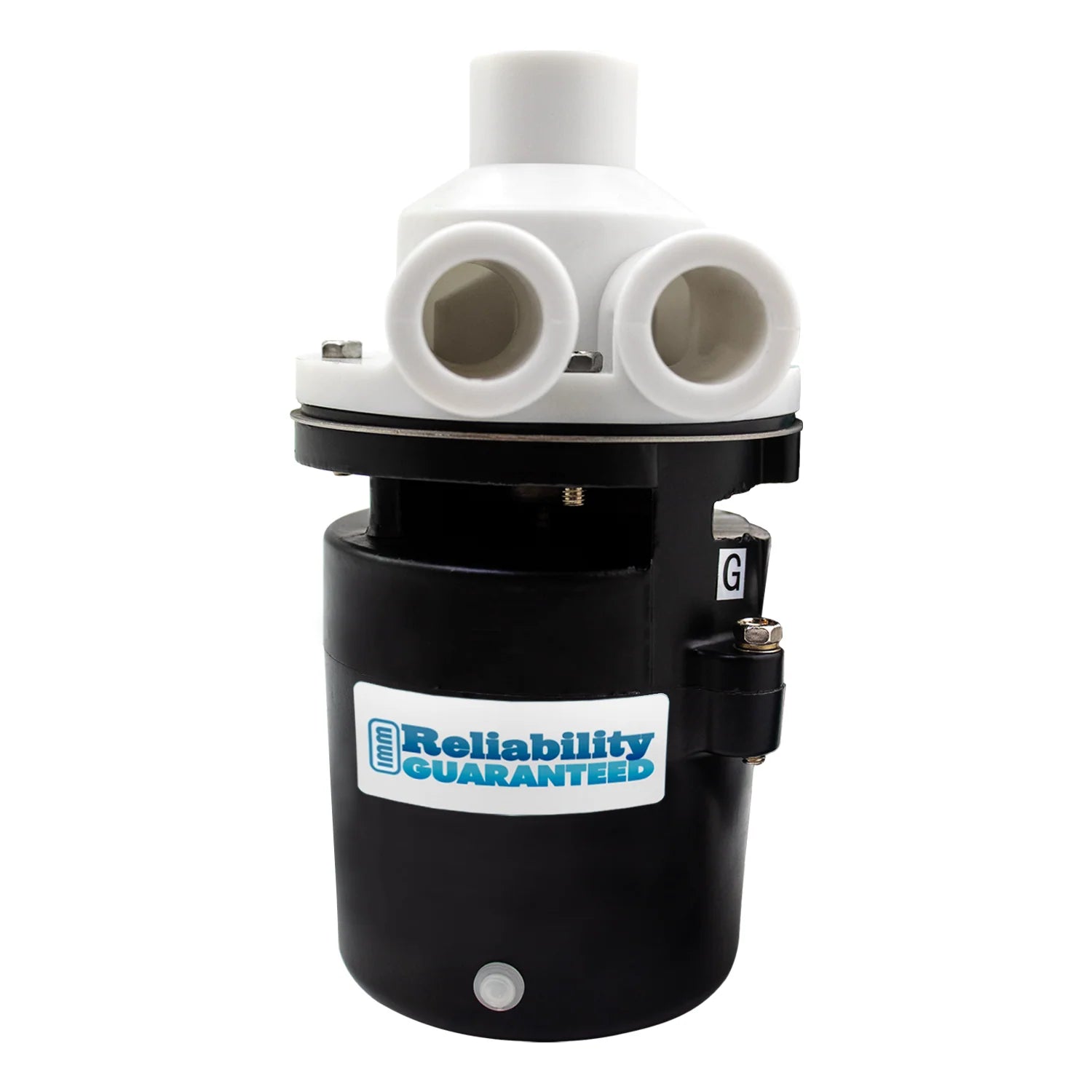 Black and white pump with 'Reliability Guaranteed' label on a white background