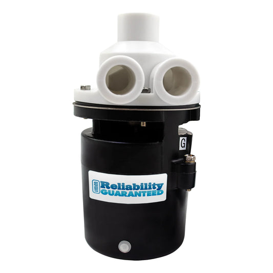 Black and white pump with 'Reliability Guaranteed' label on a white background