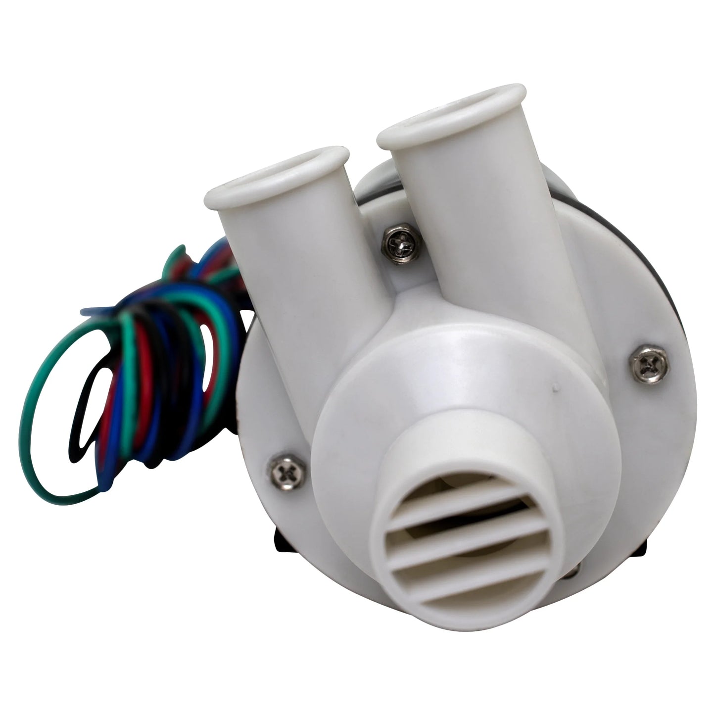 White mechanical component with colorful wiring on a white background