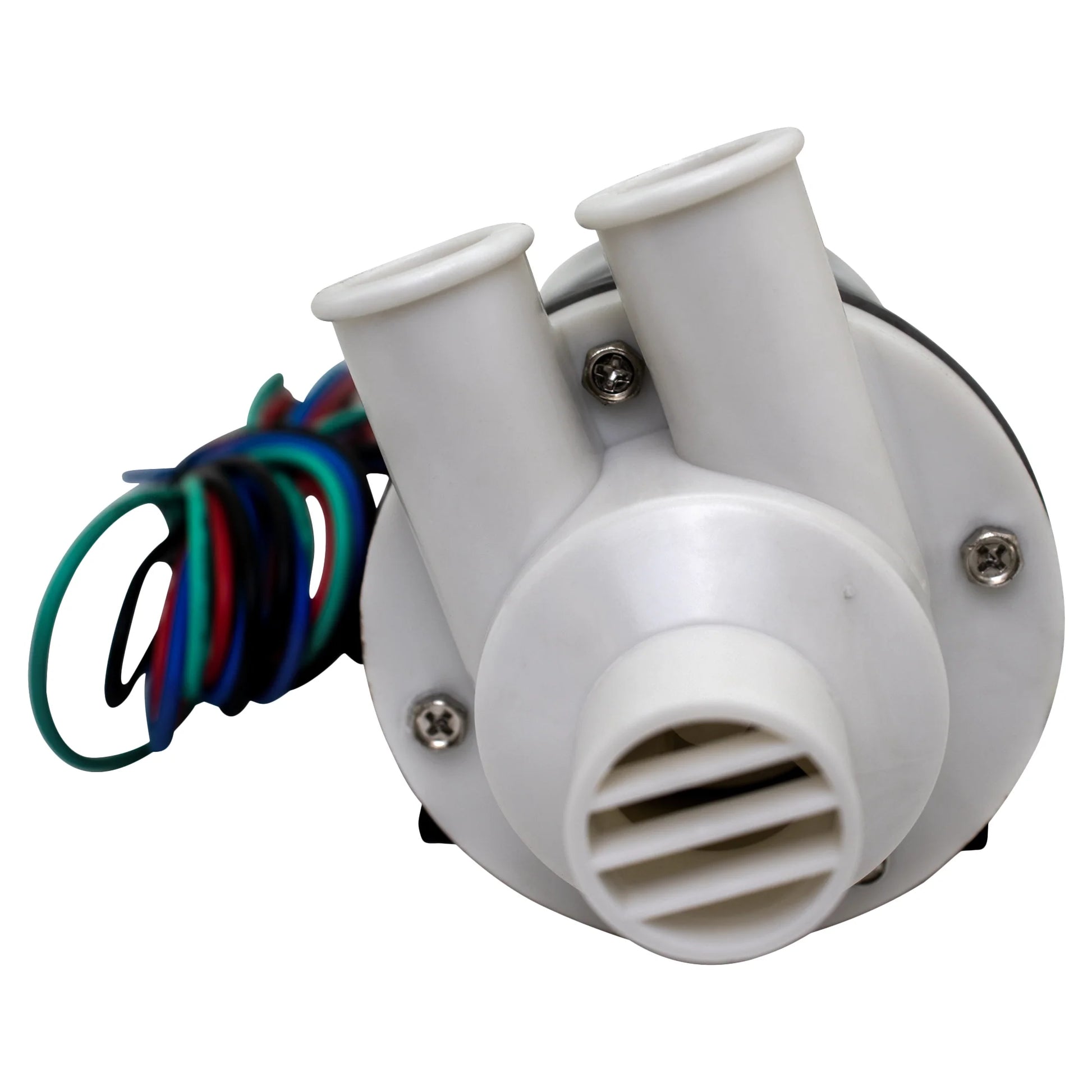 White mechanical component with colorful wiring on a white background