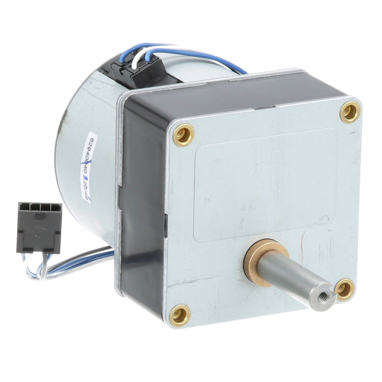 Mechanical component with gold screws on a white background